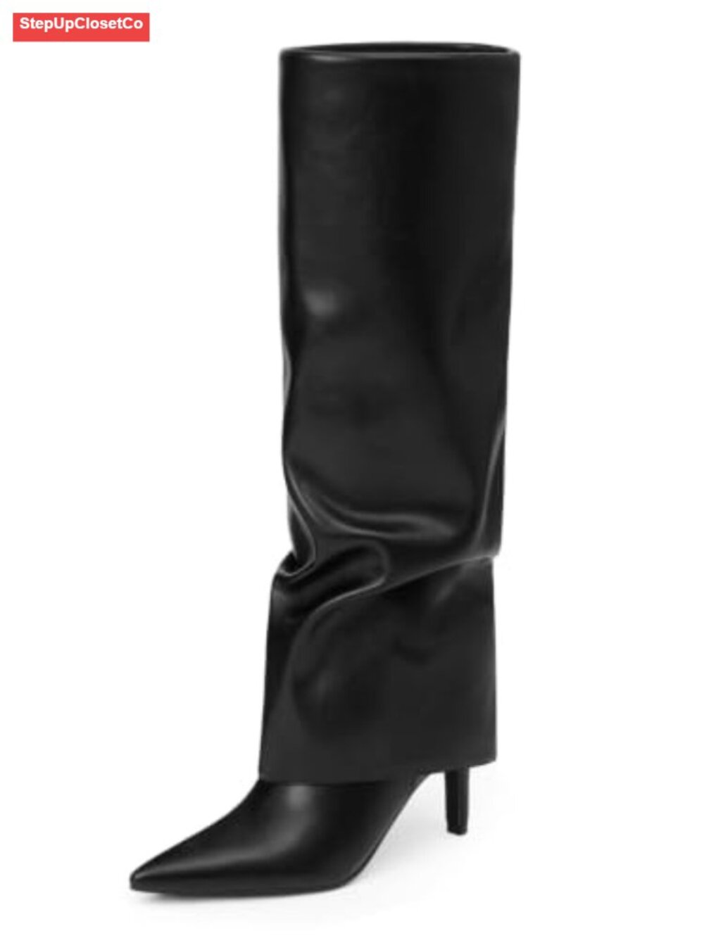 Faux Leather Slouchy Knee High Boots Pointed Toe Kitten Heel